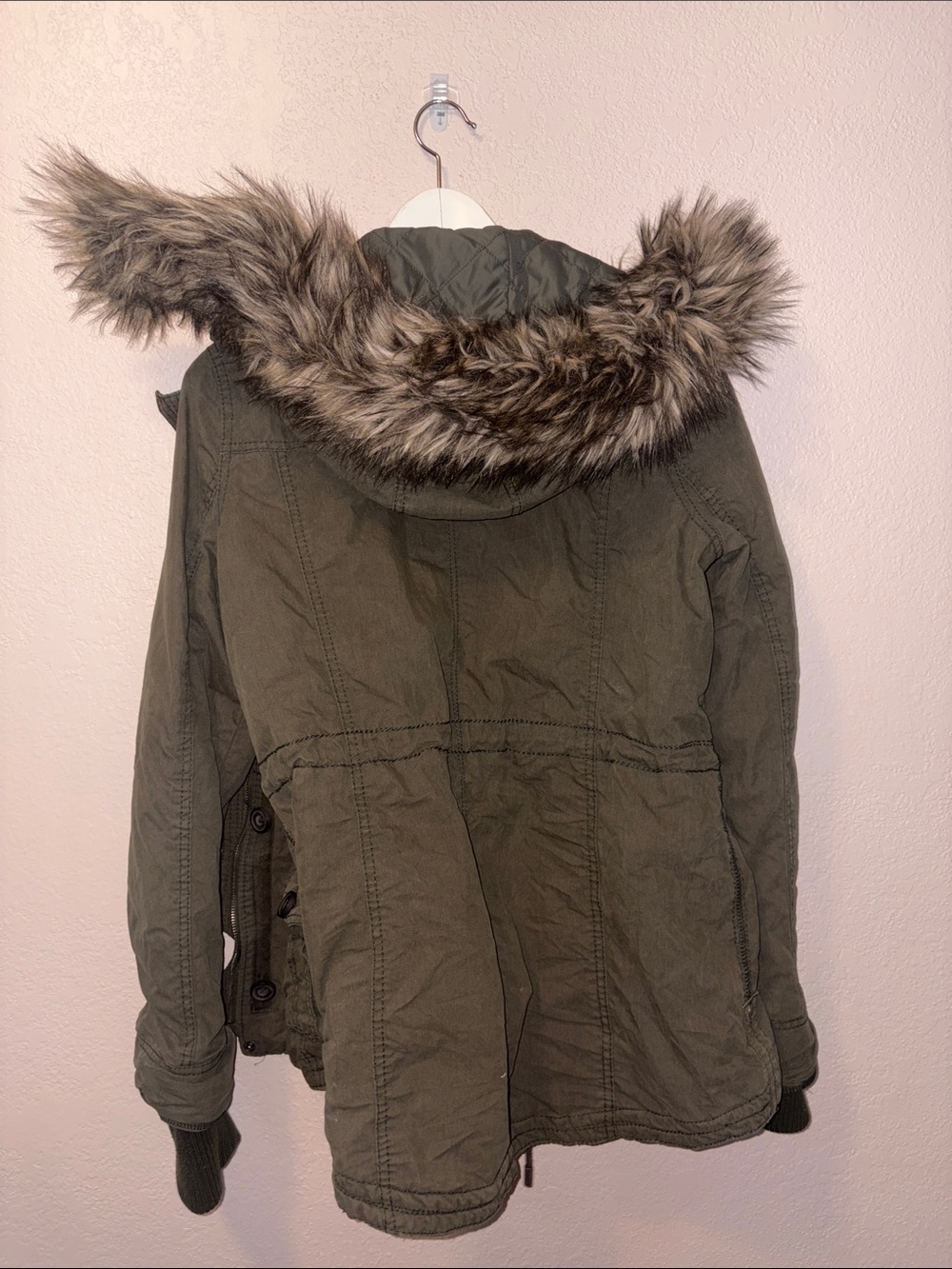 Abercrombie & Fitch Heavy Green Cotton Anorak Coat Faux Fur Hood Trim Large - Picture 2 of 6